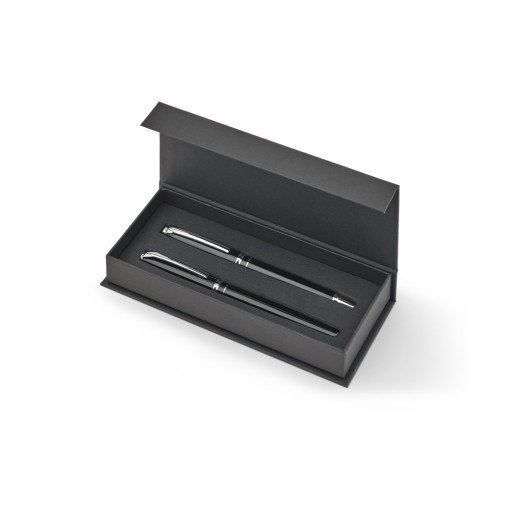 Set premium de 1 caneta esferográfica e 1 caneta roller em cobre e aço inox, com escrita em azul brinde
