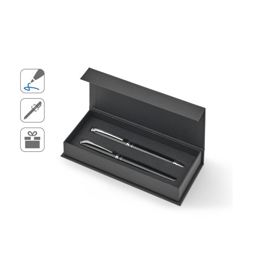 Set premium de 1 caneta esferográfica e 1 caneta roller em cobre e aço inox, com escrita em azul brinde
