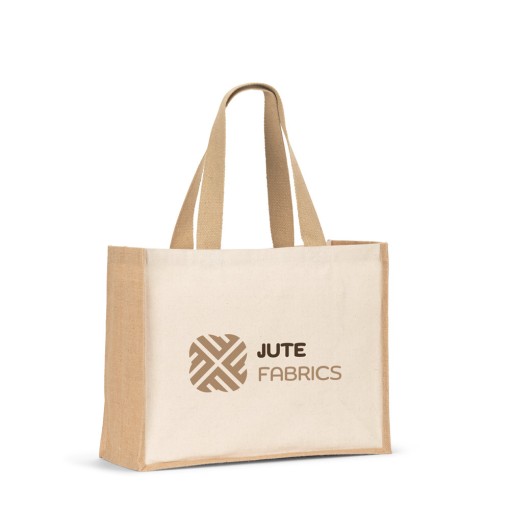 Sacola em canvas (320g/m²), com fundo e laterais em juta laminada (350 g/m²) de tons naturais promocional