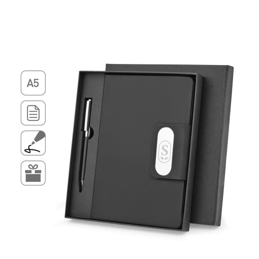 Conjunto composto por 1 caneta esferográfica e 1 caderno, em PU e aço inox corporativo