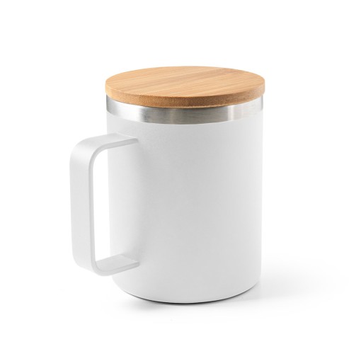 Copo de viagem em aço inox 90% reciclado, térmico com parede dupla isolada a vácuo e tampa em bambu 420 mL com logotipo