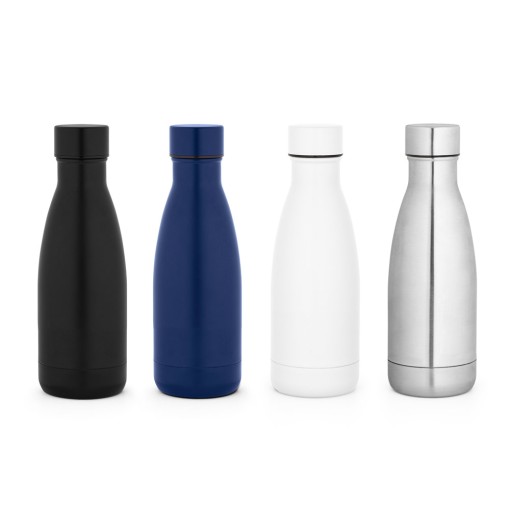 Garrafa térmica em aço inox 90% reciclado com parede dupla, isolada a vácuo e acabamento em mate 400 mL corporativo