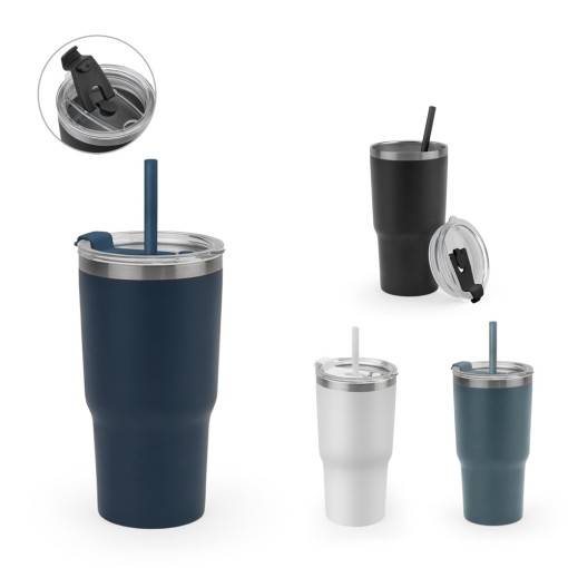 Copo de viagem compacto em aço inox 91% reciclado com parede dupla isolada a vácuo e acabamento mate 600 mL corporativo