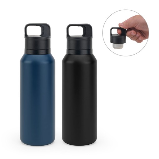 Garrafa em aço 91% inoxidável com parede dupla isolada a vácuo e botão que facilita sua abertura 590 mL brinde
