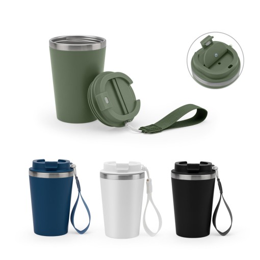 Copo de viagem em aço inox 90% reciclado com parede dupla e acabamento em mate 440 mL com logotipo