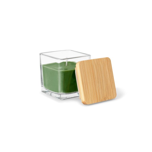 Vela aromática, de 50 g., em copo de vidro com tampa em bambu promocional