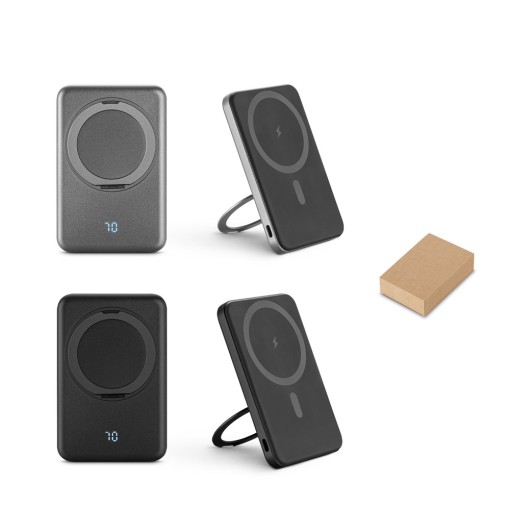 Bateria portátil magnética em ABS 100% reciclado com suporte, carregador por indução (wireless) super-rápido 15W e capacidade de 5'000 mAh corporativo