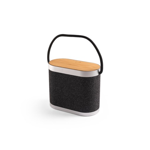 Caixa de som de 15W com carregador wireless super-rápido 15W e 2h de autonomia em bambu e PET 100% reciclado promocional