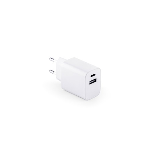 Adaptador de corrente com porta USB-A 18W e USB-C 20W em ABS 100% reciclado personalizado