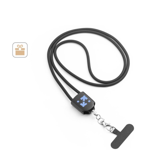 Cordão lanyard com suporte para celular incluso, cabo USB-C e diversos adaptadores em ABS reciclado e TPE reciclado brinde